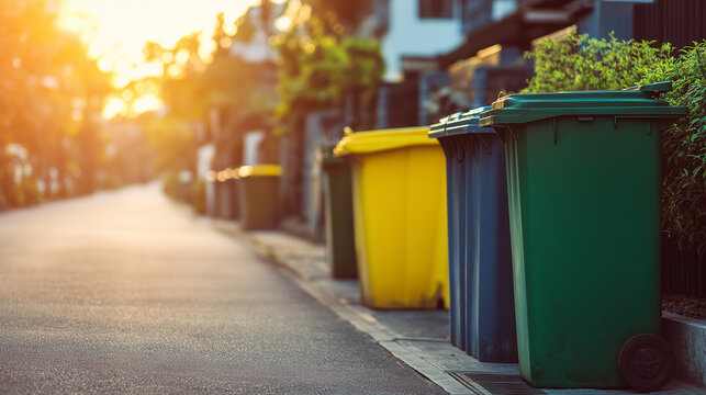 Colorful trash and recycling bins lined up in a suburban neighborhood at sunset.
