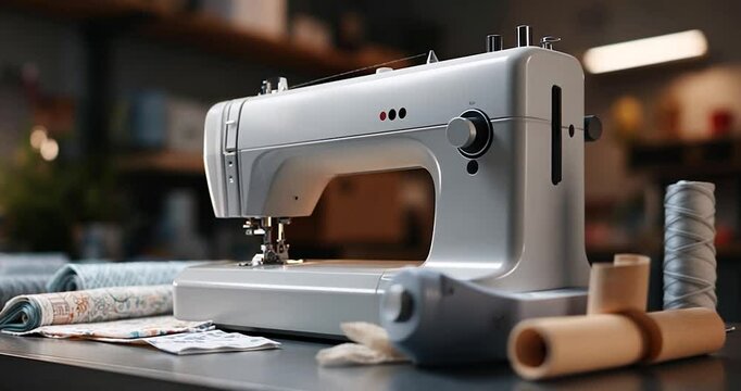 Close-up view of a silver sewing machine on a gray table, surrounded by spools of thread and fabric rolls. Soft, warm lighting creates a calm atmosphere