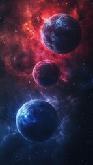 Three planets in a vibrant, cosmic nebula