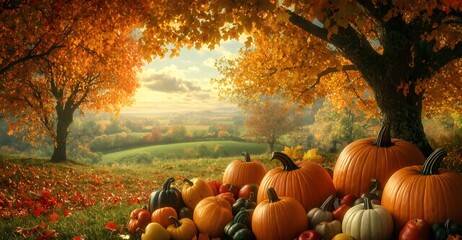 A field of pumpkins and leaves with a tree in the background