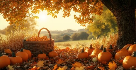 A basket full of pumpkins is sitting in a field of autumn leaves