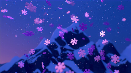 Fantasy winter scene with glowing purple and green snowflakes amidst ethereal mist on dark background, magical ambiance for digital art and decorative design