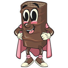 superhero cute chocolate wafer cartoon mascot, high-resolution isolated vector snack character illustration, perfect for dessert branding, or educational materials, work of hand drawn