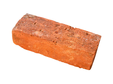 Side view of one cracked old red or orange brick isolated with clipping path in png file format