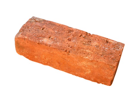 Side view of one cracked old red or orange brick isolated with clipping path in png file format