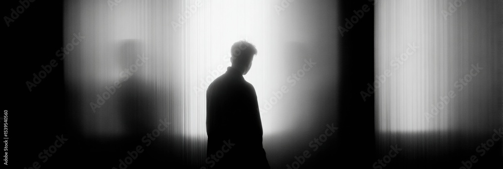 Aufkleber Shadow Figure Stands Behind Translucent Screen, Creating a Mysterious Atmosphere in a Dimly Lit Space During the Evening