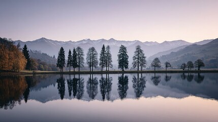 Serene lake reflecting a row of trees against a mountain range.