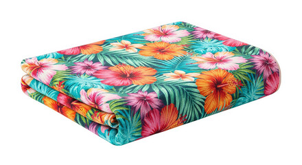 A folded fabric features a vibrant and colorful pattern of hibiscus flowers and palm leaves.
