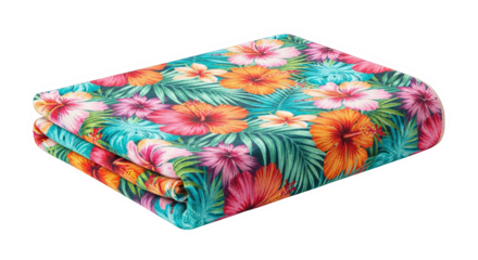 A folded fabric features a vibrant and colorful pattern of hibiscus flowers and palm leaves.