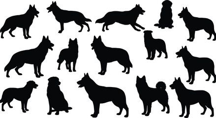 Dog silhouette vector bundle, black canine shapes, pet animal clipart collection, German shepherd poses, domestic dog artwork, editable design element set for graphic use.