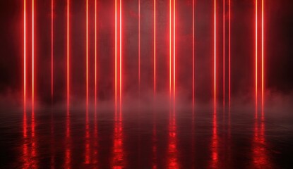Red neon lines in a smoky, reflective space