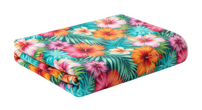 A folded fabric features a vibrant and colorful pattern of hibiscus flowers and palm leaves.