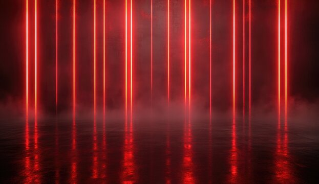 Red neon lines in a smoky, reflective space - Powered by Adobe