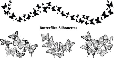 Butterfly silhouette collection, flying butterfly vector art, black insect illustrations, decorative butterfly designs, nature clipart set, realistic detailed butterfly wings pattern 