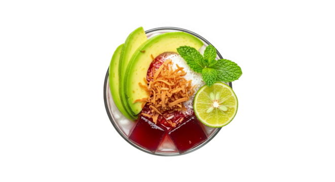 A shot glass filled with layered drink, showcasing its vibrant colors and condensation on its sides