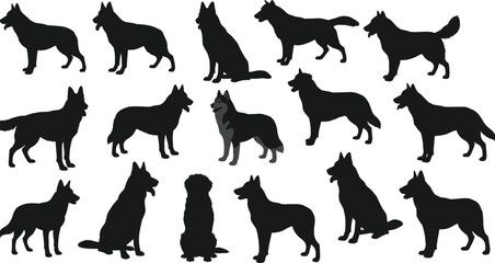 German Shepherd dog silhouette collection, black dog poses vector, police dog clipart, pet animal design, standing sitting running guard dog icon pack isolated.