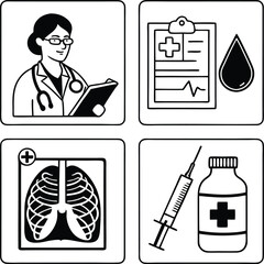 "Medical Icon Set Featuring Doctor, X-ray, Syringe, Medicine Bottle, and Health Report Symbols"

