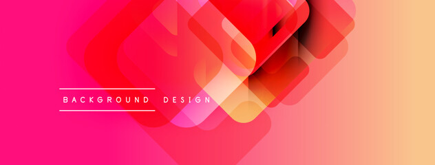 Abstract geometric shapes overlap, creating vibrant pink, red, orange gradient. Modern design elements suggest dynamic visual experience.