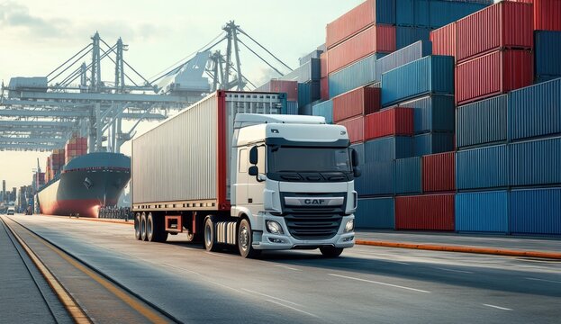 White truck hauling cargo container through port
