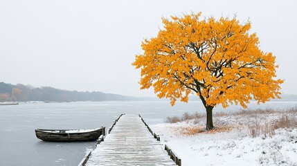 Frozen lake with a weathered boat and a bright yellow autumn tree.
