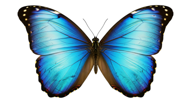 Detailed macro captures a bright blue butterfly displaying the vivid colors of its delicate wings.