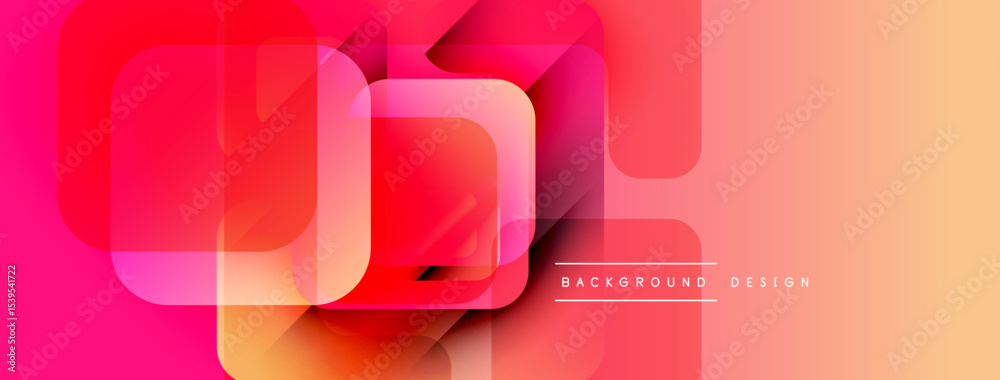 Poster abstract geometric shapes overlap, creating vibrant gradient effect. pink, orange, red hues dominate