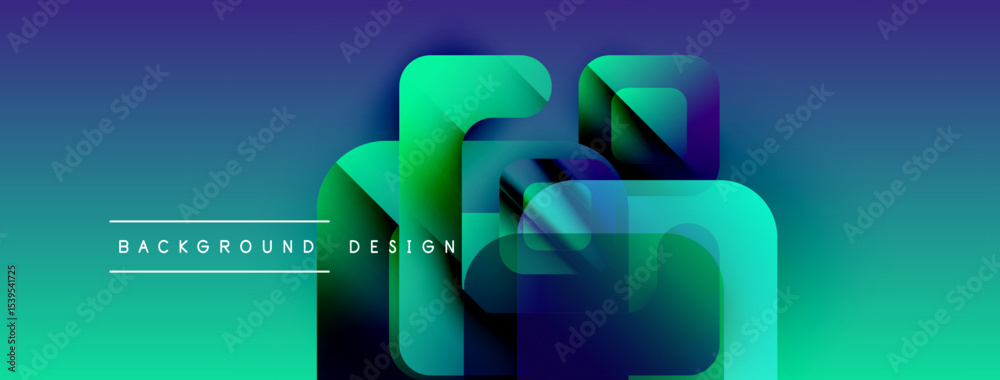 Poster Abstract geometric shapes overlap, creating vibrant bluegreen gradient background. Text reads background design. Modern visual presentation.