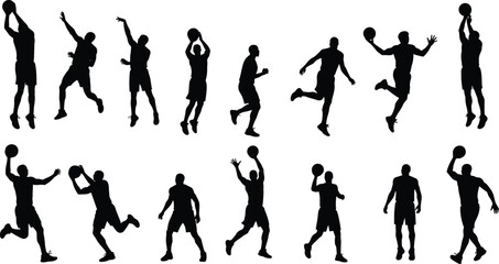 Basketball player silhouette set, jump shot, dribble, dunk poses, sportsman action, black figure illustration, athletic movement, team sport vector icon collection, motion exercise scene.
