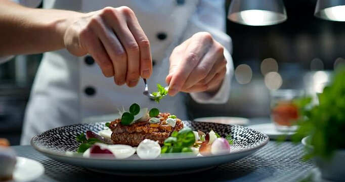 Close-up view of a chef meticulously garnishing a plated dish with fresh herbs. The dish features a browned meat patty, creamy sauce, and vibrant greens on a patterned plate. Soft, warm lighting