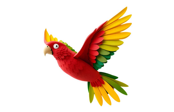 Vibrant red and yellow paper parrot in flight illustration