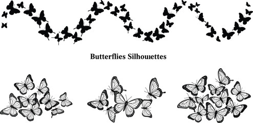 Butterfly silhouette vector collection, flying butterflies decorative elements, black insect illustrations, nature-inspired design assets, isolated butterfly shapes
