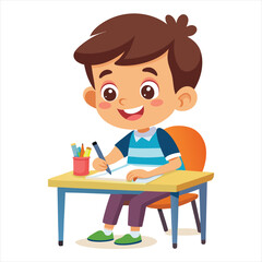 Cartoon boy writing at his desk