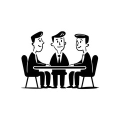 Fototapeta premium Cartoon business meeting with three professionals, Black and white illustration of three office workers in a meeting, discussing data at a table with a chart document.