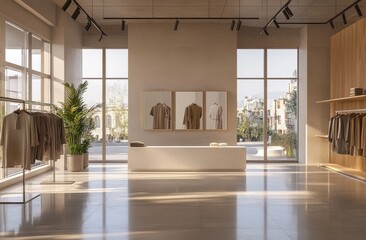 Fototapeta premium Light-filled modern clothing store with beige tones, showcasing apparel on racks and mannequins