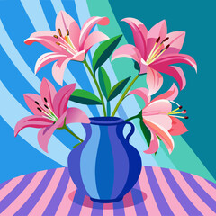 The image is a painting of three pink lilies in a blue vase. The vase is placed on a pink and blue striped tablecloth. The lilies are in full bloom with their petals open wide and their stamens pointi