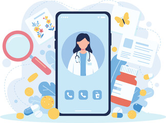 Telehealth Consultation, Online Doctor, Virtual Healthcare, Digital Medical Services, Mobile Patient Care, E-Health Technology, Remote Access, Prescription Management,. flat vector illustration