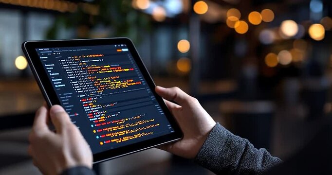 Close-up view of hands holding a tablet displaying lines of code, set against a blurred background of warm-toned bokeh lights