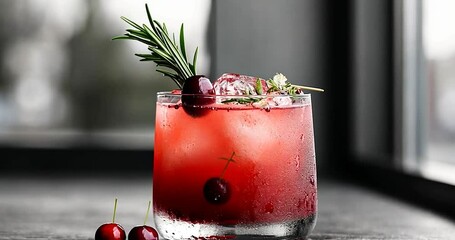 Close-up view of a refreshing red cocktail garnished with cranberries and rosemary, served in a rocks glass on a dark surface near a window - Powered by Adobe