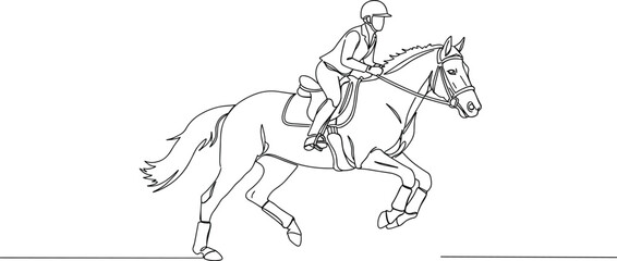 Equestrian line art of jockey riding horse, outline vector illustration, galloping motion, horseback rider silhouette, racing horse drawing, black white sketch, sport competition artwork design.