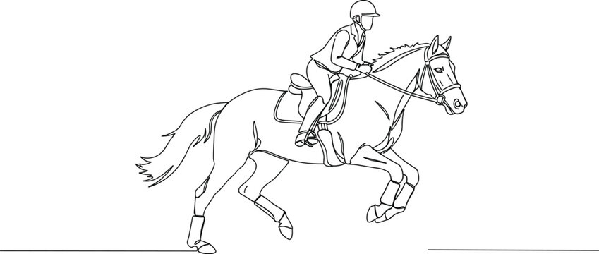 Equestrian line art of jockey riding horse, outline vector illustration, galloping motion, horseback rider silhouette, racing horse drawing, black white sketch, sport competition artwork design.