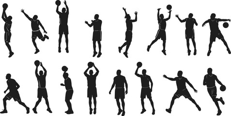 Basketball player silhouette collection, vector illustration of athletes jumping, dribbling, passing, dunking, shooting, sports action poses, black figures, professional motion, athletic activity,