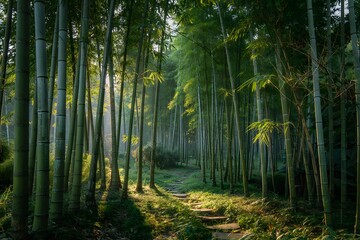 Fototapeta premium Sunlit path through lush green bamboo forest