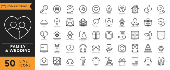 Fototapeta na wymiar Family and wedding outline icon set. Containing marriage, party, love, rings, wedding car, Church, ceremony, photo, dinner, bouquet, tuxedo, dress and more. Editable stroke. Vector illustration.