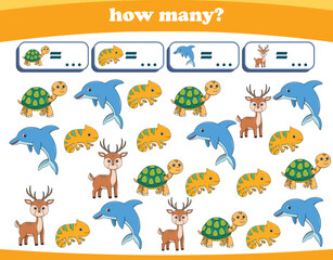 Counting game of wild animals for preschool kids. Printable. Vector Illustration