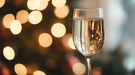 Glass full of champaign with Christmas bokeh background