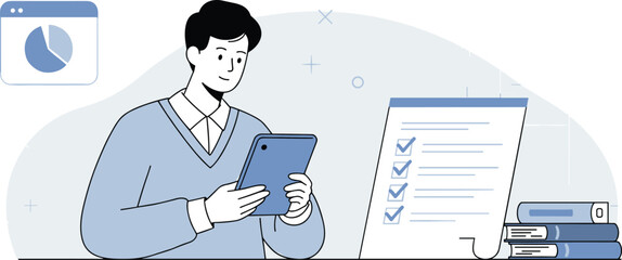 Data Analysis, Business Survey, Task Management, Productivity, Digital Reporting, Research, Planning, Workflow Optimization, Efficiency, Questionnaire, Checklist,
 flat vector illustration