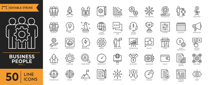 Business people outline icon set. Containing teamwork, leadership, communication, mentorship, HR management, innovation, skill development, employee, and more. Editable stroke. vector illustration