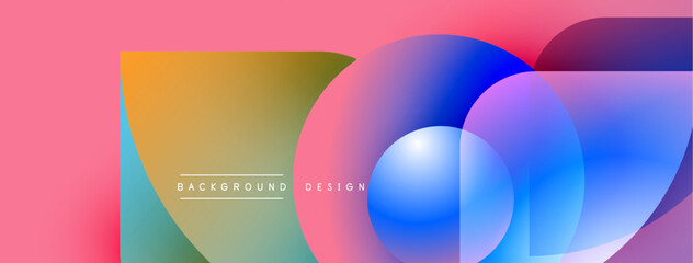 Abstract colorful background. Overlapping circles, rectangles create dynamic visual effect. Text reads background design. Smooth gradients dominate composition.