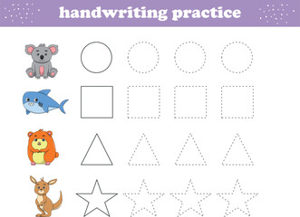 Handwriting Practice. Tracing lines of different shape for kids with animals. Vector Illustration
