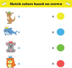 Fototapeta premium Match the color of the animal's crown. Educational game for color recognition